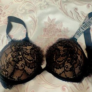 Very sexy push-up bra with black lace and rhinestone straps